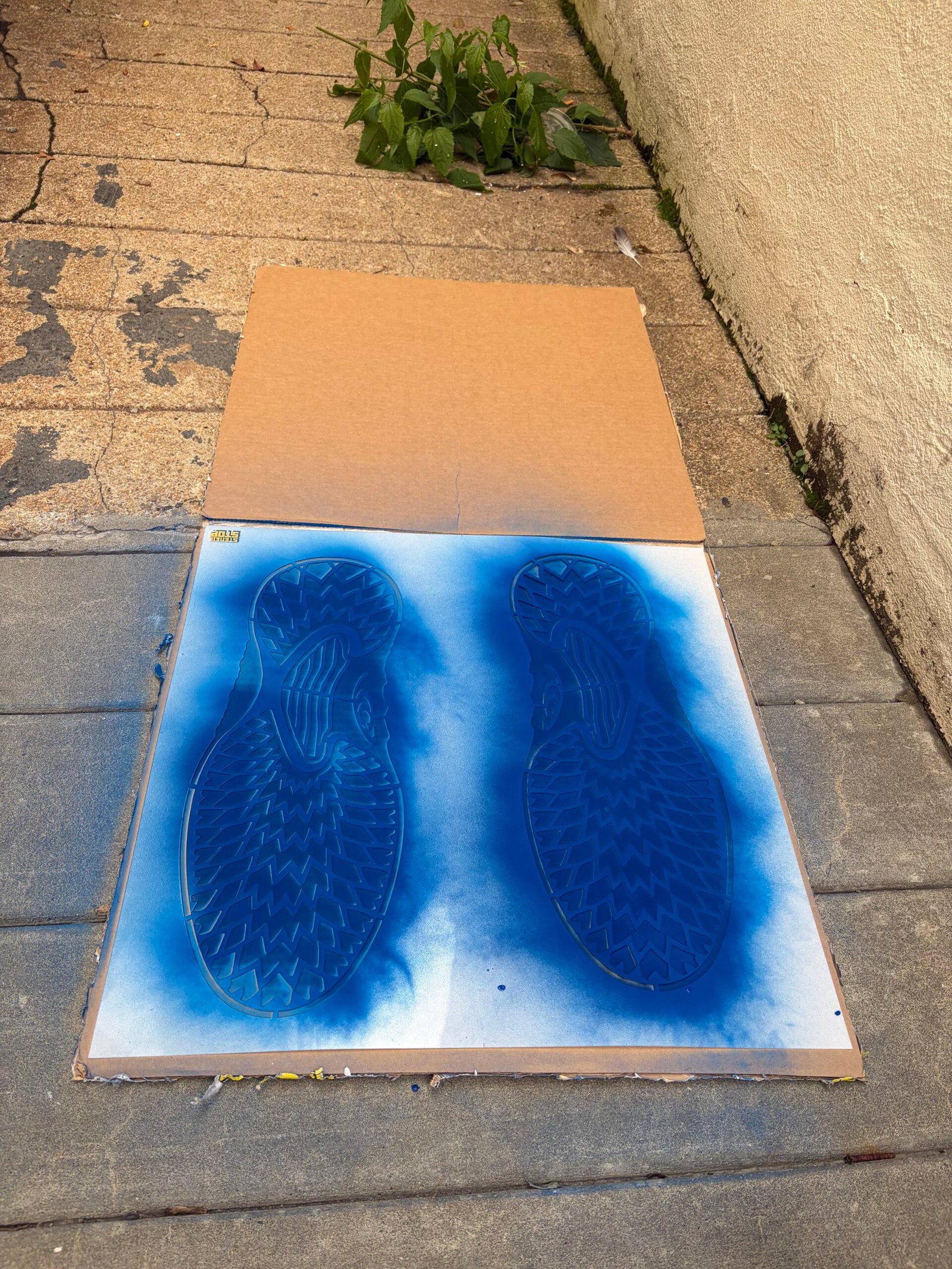 Footprint stencil coated in blue spray on a protective board during sample preparation.