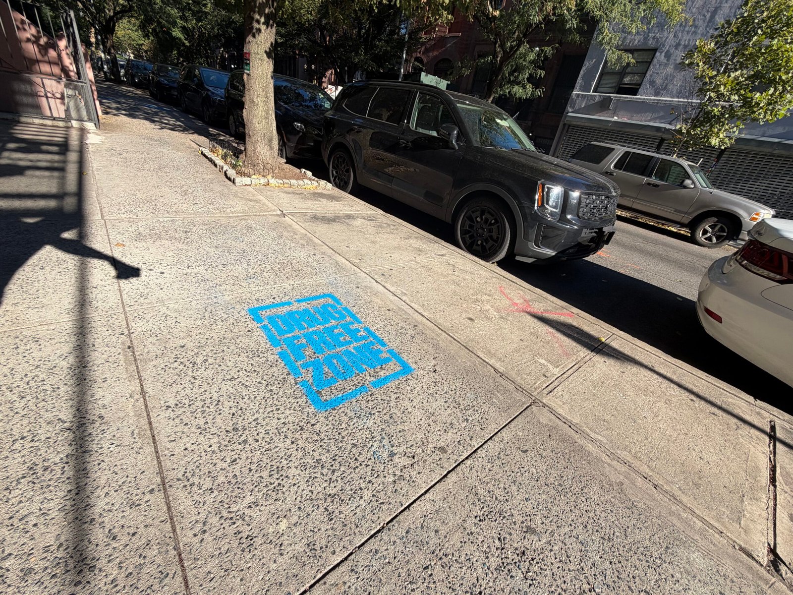 Completed blue stencil artwork on a Harlem sidewalk